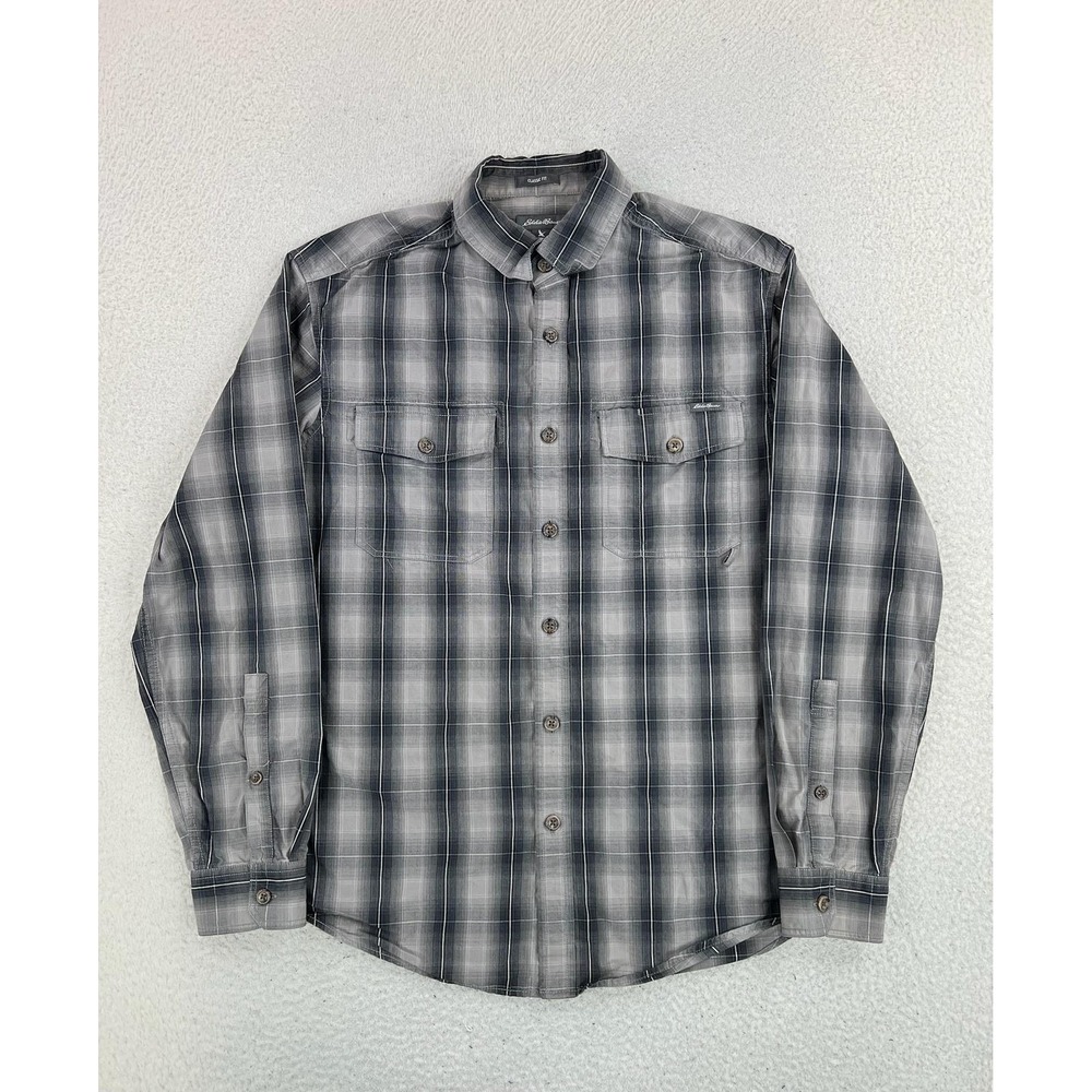 Eddie Bauer Shirt Mens Medium Gray Plaid Long Sleeve Button Up Cotton Casual